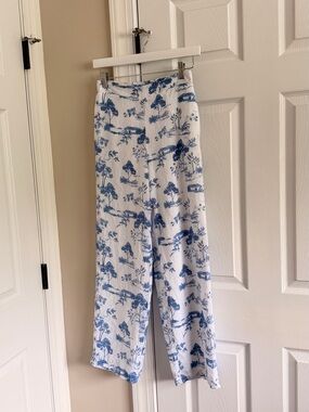 Blue and White Toile Wide-Leg Linen Pants